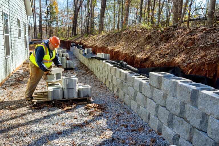 Concrete block wall that is being built on part new retaining wall construction project